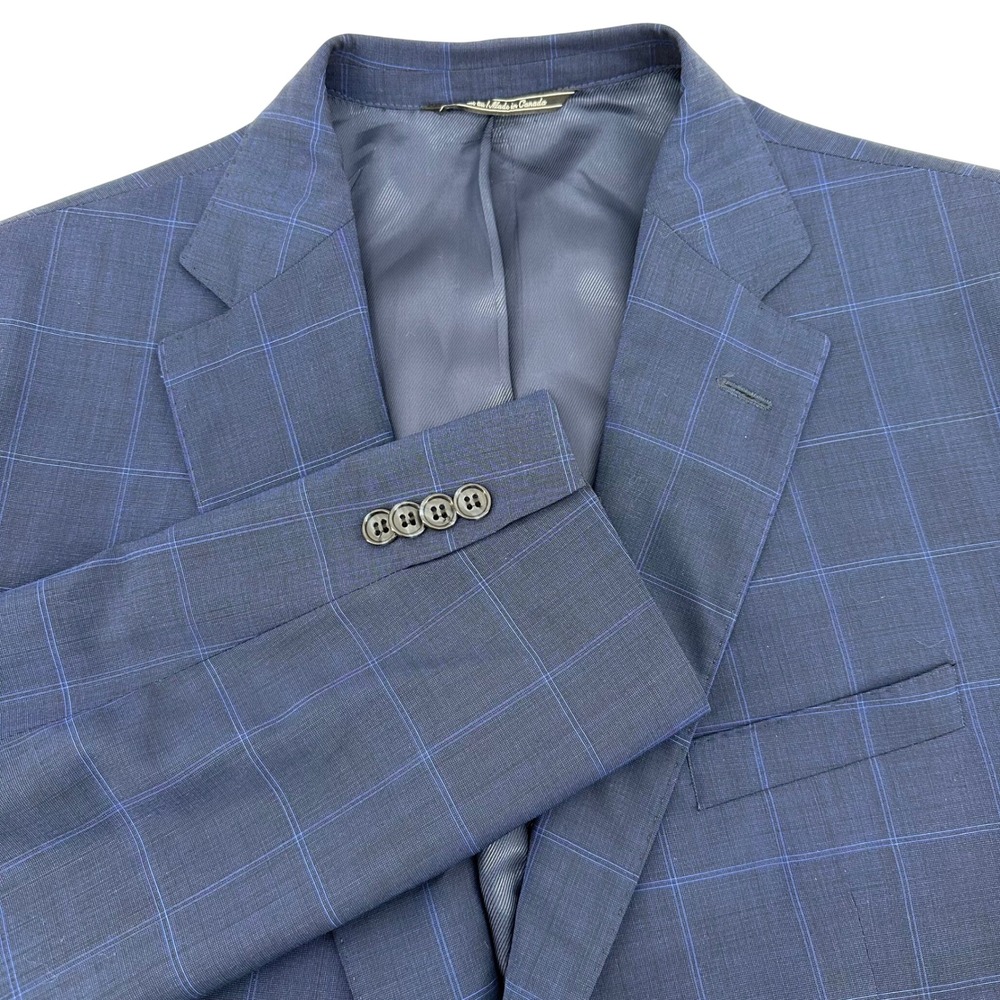 Jack Victor Sport Coat Mens 46R Blue WIndowpane Plaid Wool Blazer Summerweight